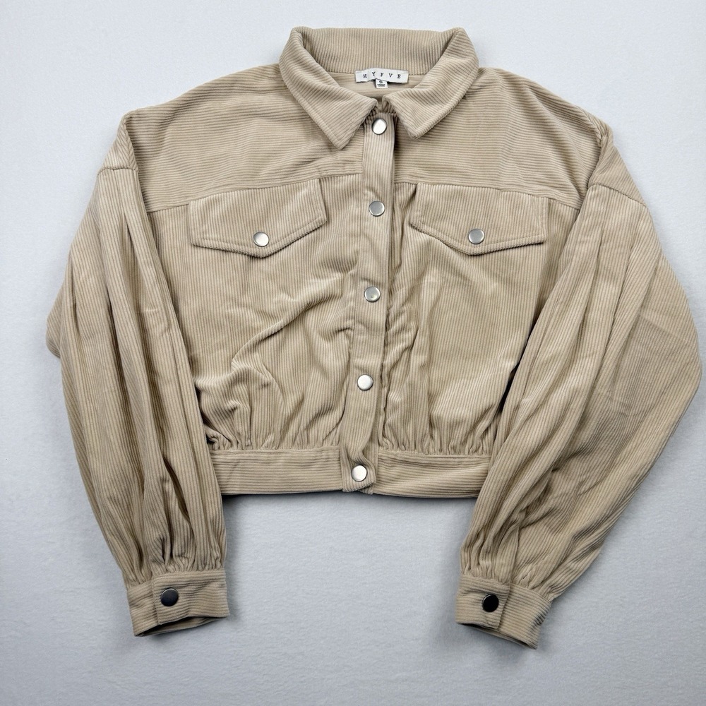 HYFVE Lantern Sleeve Cropped Corduroy Jacket Women Small Beige Neutral Boho Soft